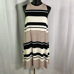 NWT LOFT Black Brown & Ivory Striped Sleeveless Tie Neck Shift Dress